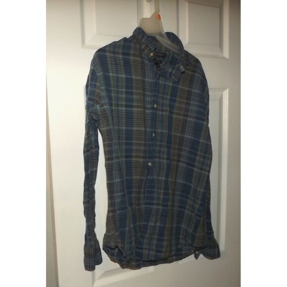 Banana Republic Mens Shirt Size M Grant Fit Plaid Blue Button-Up Linen Blend - Picture 1 of 4